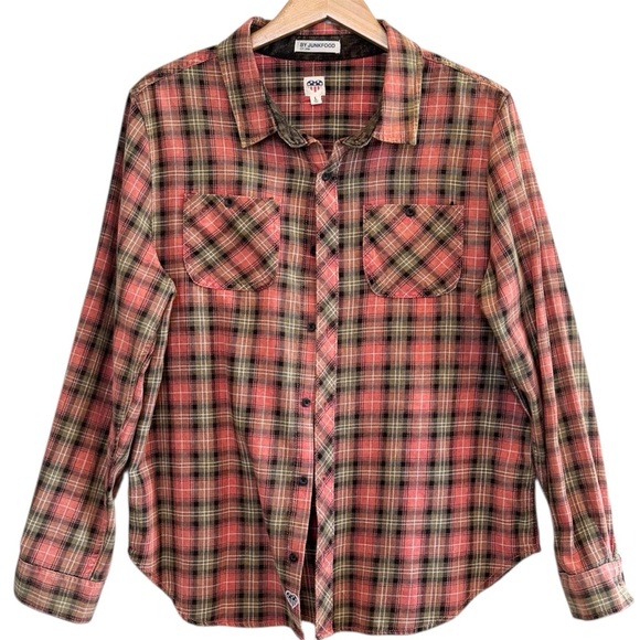 Junk Food Plaid Peace Sign Flannel Button Front Shirt Green Peach Size Large - Picture 3 of 8